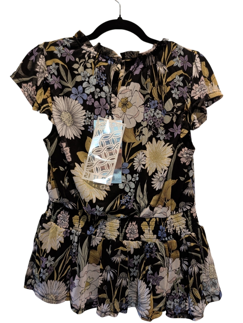 Women's Black Floral Smocked-Waist Casual Top - Picture 2 of 5